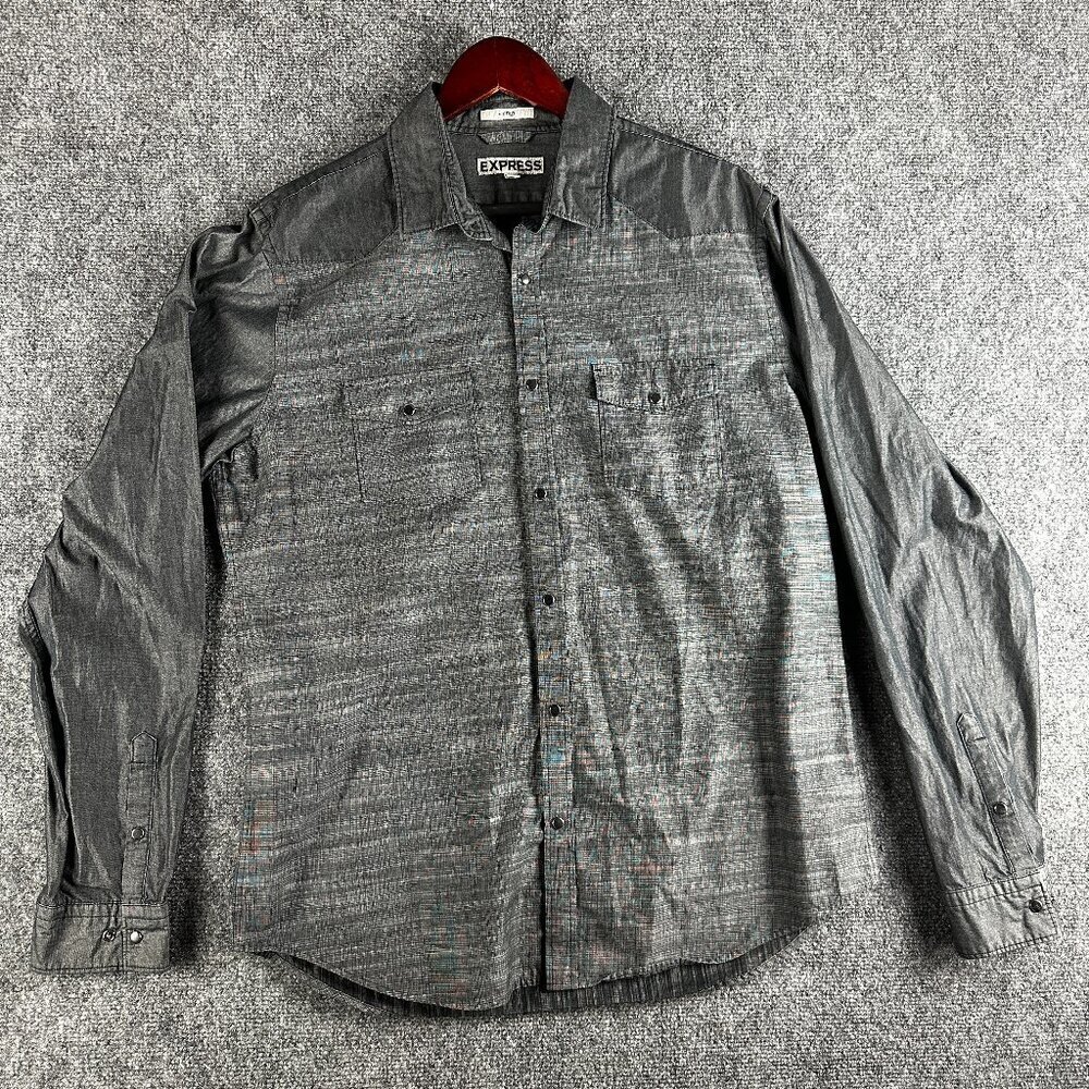 Express Fitted Shirt Mens Large Snap Up Western Style Gray Cotton Pockets